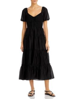 Hot Sale 🌟 WAYF Monaco 👩 Womens Smocked Puff Sleeves Midi 👗 Dress ⌛